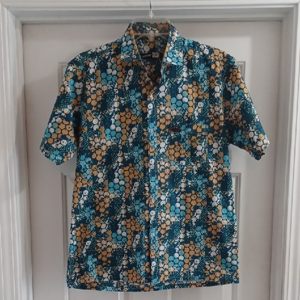 Woodin African Print Short-Sleeve Button-Down Shirt in Teal & Mustard, M